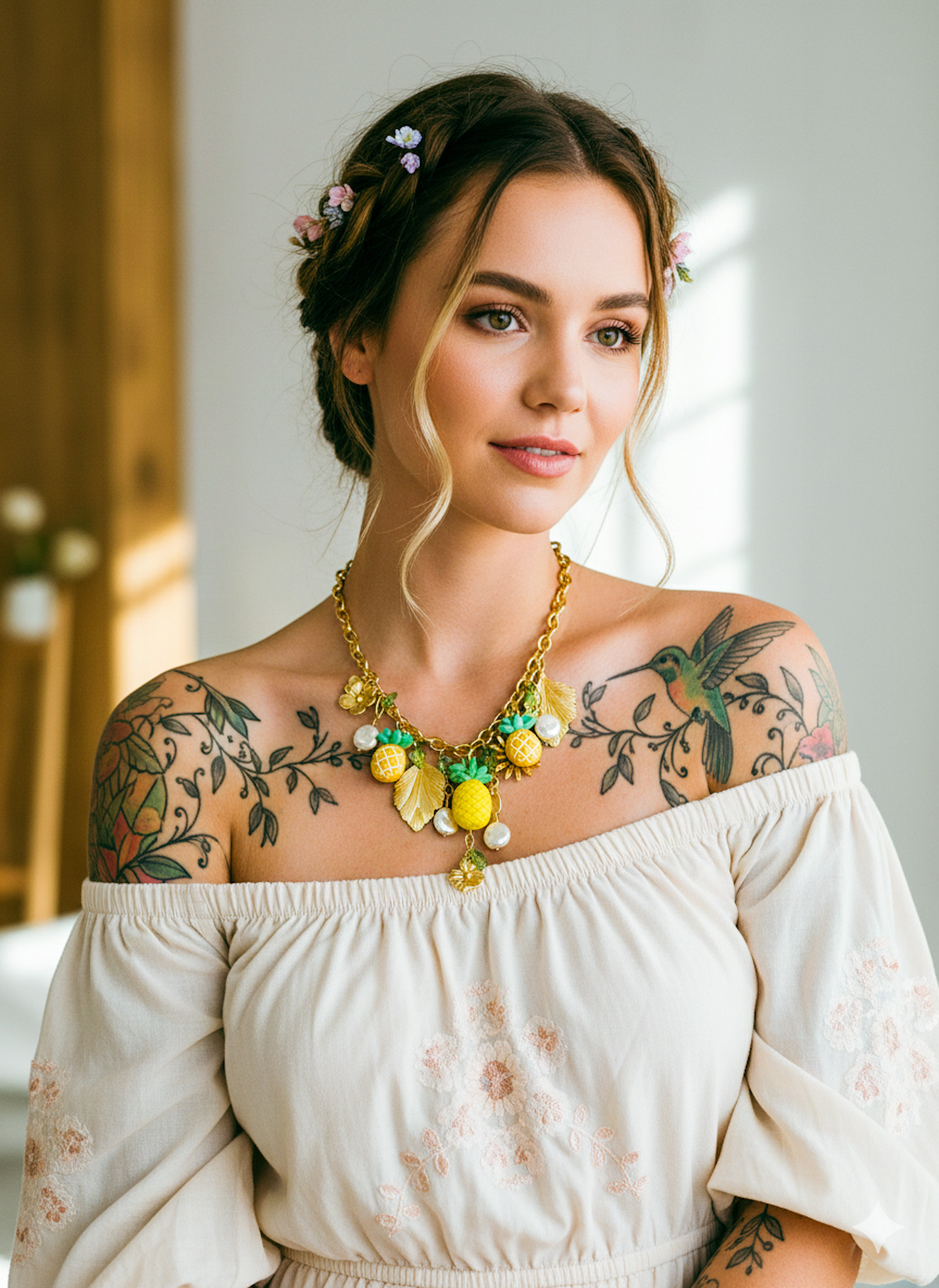 Tropický náhrdelník z chirurgické oceli - ananas, květiny a listy ve zlaté barvě