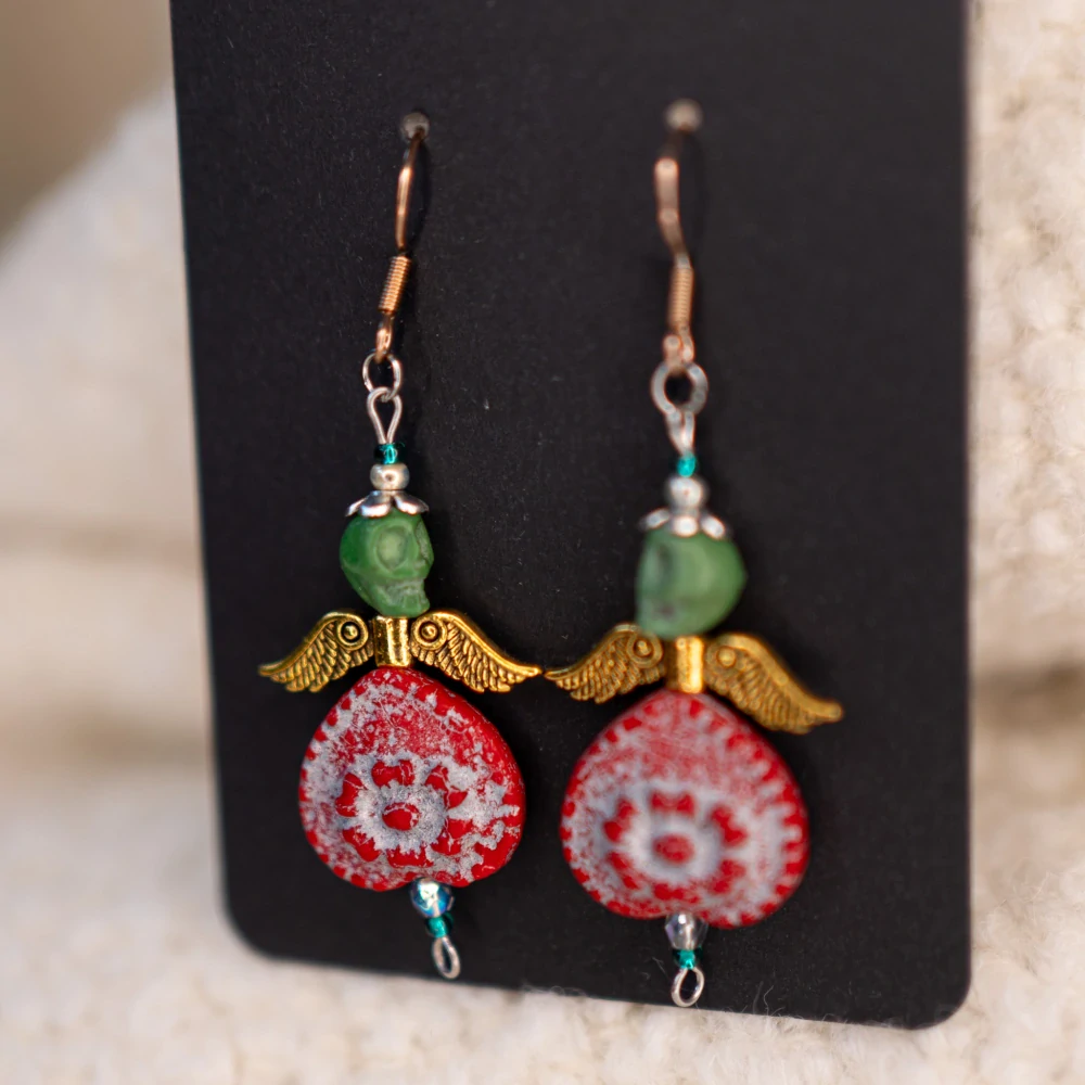 Mexické náušnice se skleněným srdcem